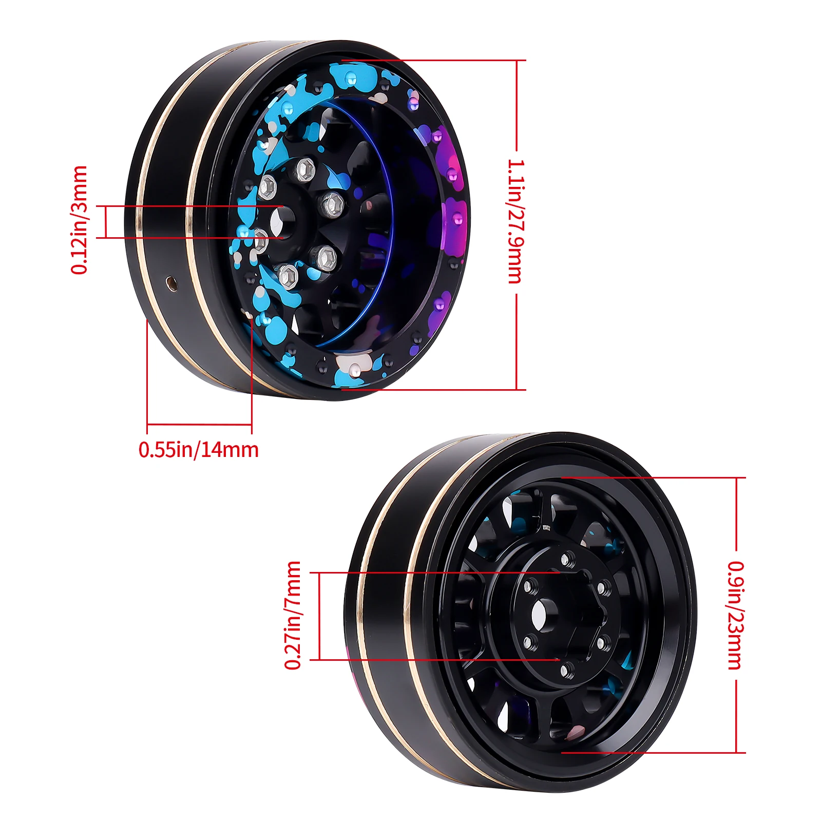 HobbyPark Anodized Graffiti Splash Beadlock Wheels 1.0 -4mm Negative Offset Deep Dish Rims for 1/18 1/24 RC Crawler TRX4M SCX24