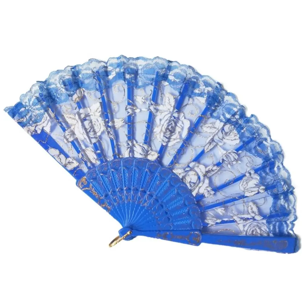 Craft Handheld Ladies Lace Hand Fan Plastic Handle Rose Pattern Folding Fan Translucent Spanish Fan Summer