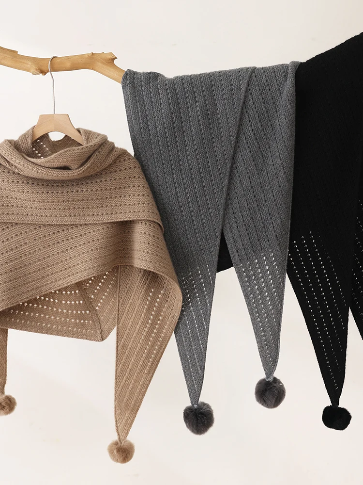 High-end Triangle Shawl Autumn Winter Women's Scarf Shawl Sweater 100% Cashmere Scarf French Style Warm Ornament Fur Ball Shawl