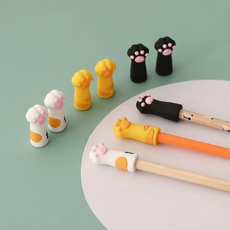 3 peças bonito gato pata lápis desenhos animados lápis anti-mastigar silicone lápis boné para criança classe