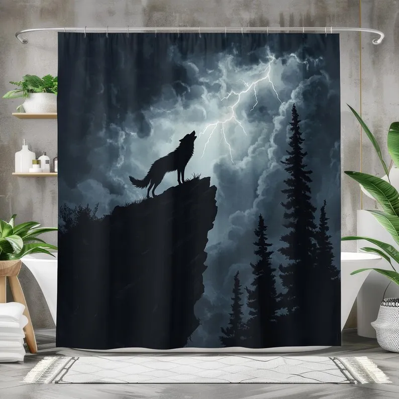 Wolf and Lightning Shower Curtain, Nature-Inspired Bath Curtain,Waterproof Fabric, Thunderstorm and Wolf Design, Wilderness Art