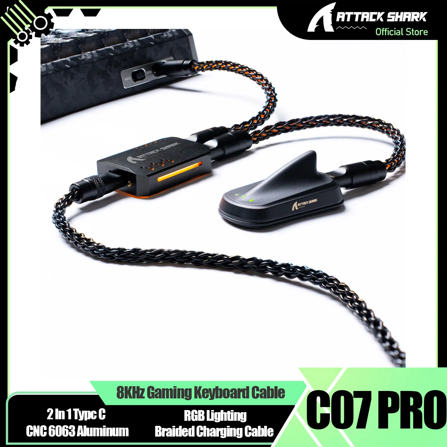 ATTACK SHARK C07PRO 8KHz 2 In 1 Typc C Gaming Keyboard Cable, RGB Lighting, CNC 6063 Aluminum