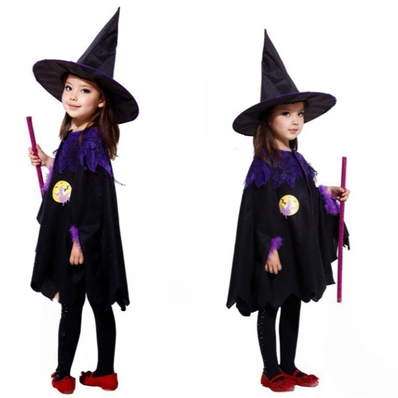 

2025 Хэллоуин, детский праздничный костюм, плащ, шляпа, сумка для конфет, косплей, милая маленькая ведьма, косплей, праздничный подарок