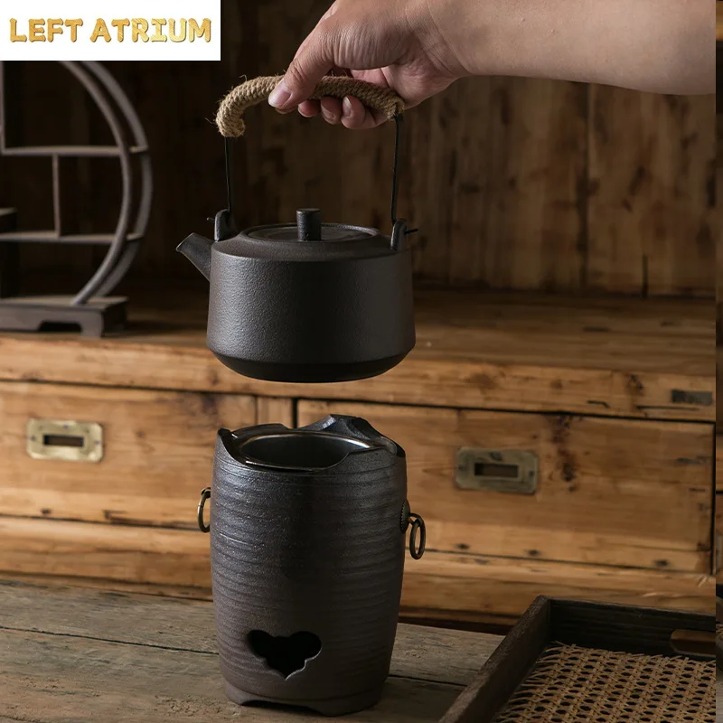 Handmade Black Pottery Teapot 800ml Ceramic Tea Pot Kettle Heating Furnace Base Tea Brewing Utensils Filter Pot Water Bottle