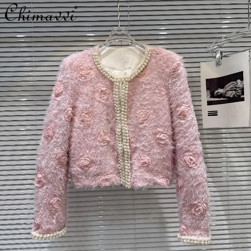 

Winter New French Style Socialite Pearl Trim Rose Wool Quilted Warm Short Coat Women Fashion Long Sleeve Slim Fit Elegant Jacket