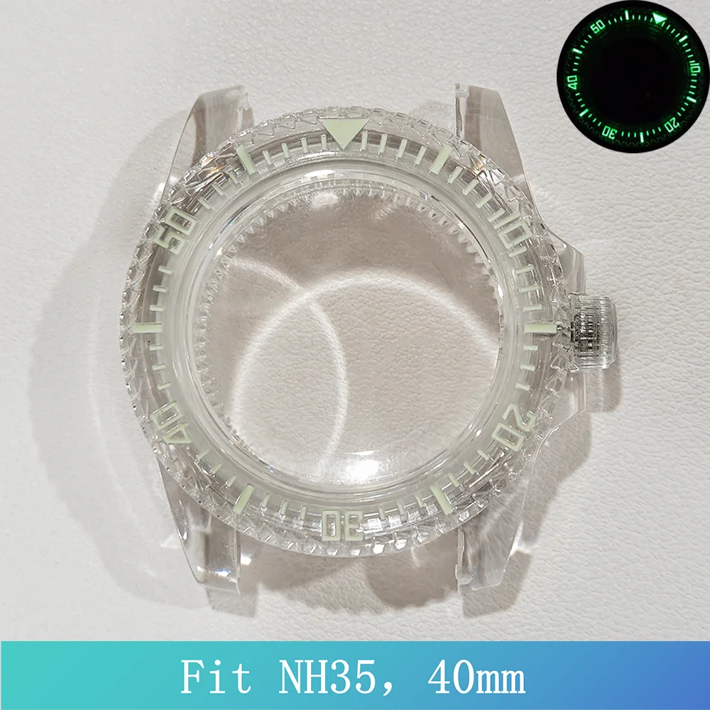 40MM Watch Case Fit NH35 movement Watch Case Unidirectional rotation green luminous acrylic transparent  20mm  strap accessories