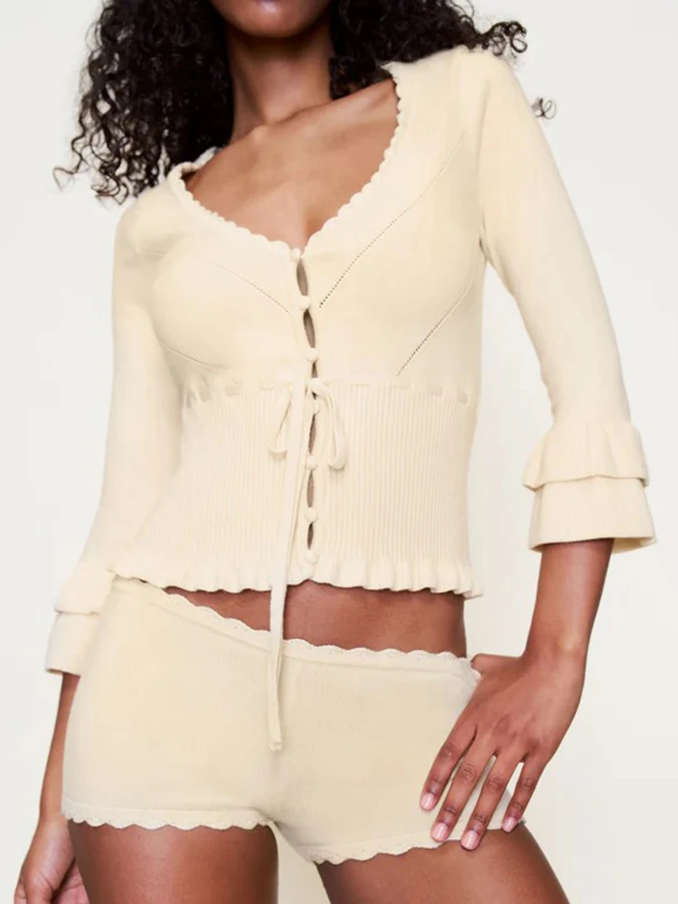 

French Style Knitted Cropped Sweaters Cardigan Beige Red Women Autunm Winter Long Sleeve Lace Up Button Casual Ladies Jumper New