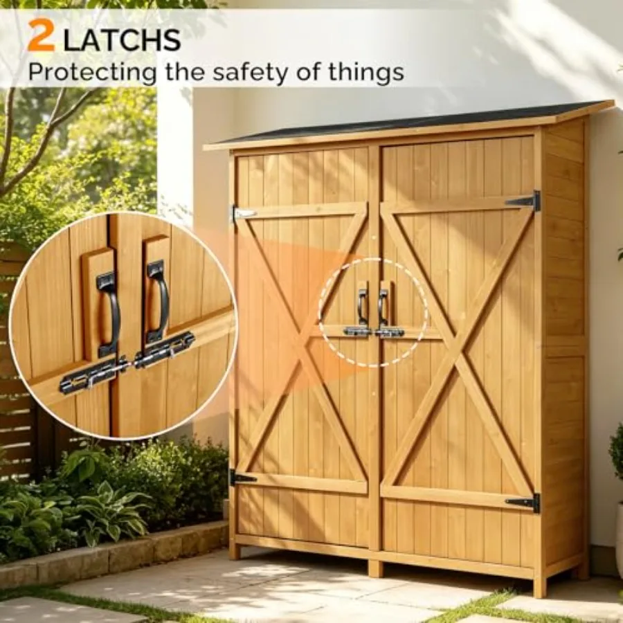 Outdoor wooden storage shed for garden yard lawn equipment, natural wood finish, extra large capacity with 2 safety latches and