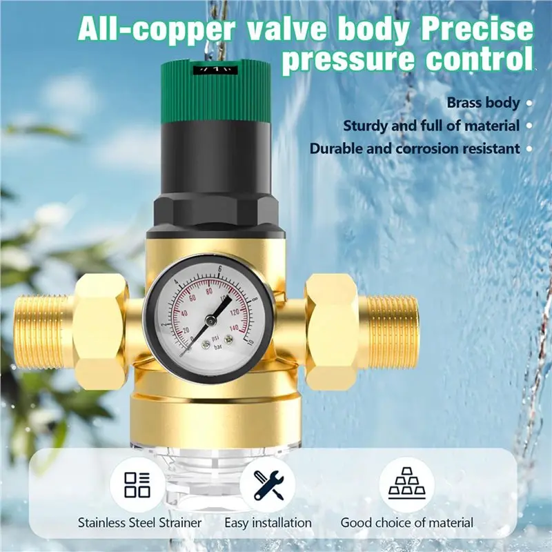 ABAH-4X Pressure Regulator Water 3/4 Inch, Water Pressure Regulator With Water Pressure Gauge And Mesh Filter
