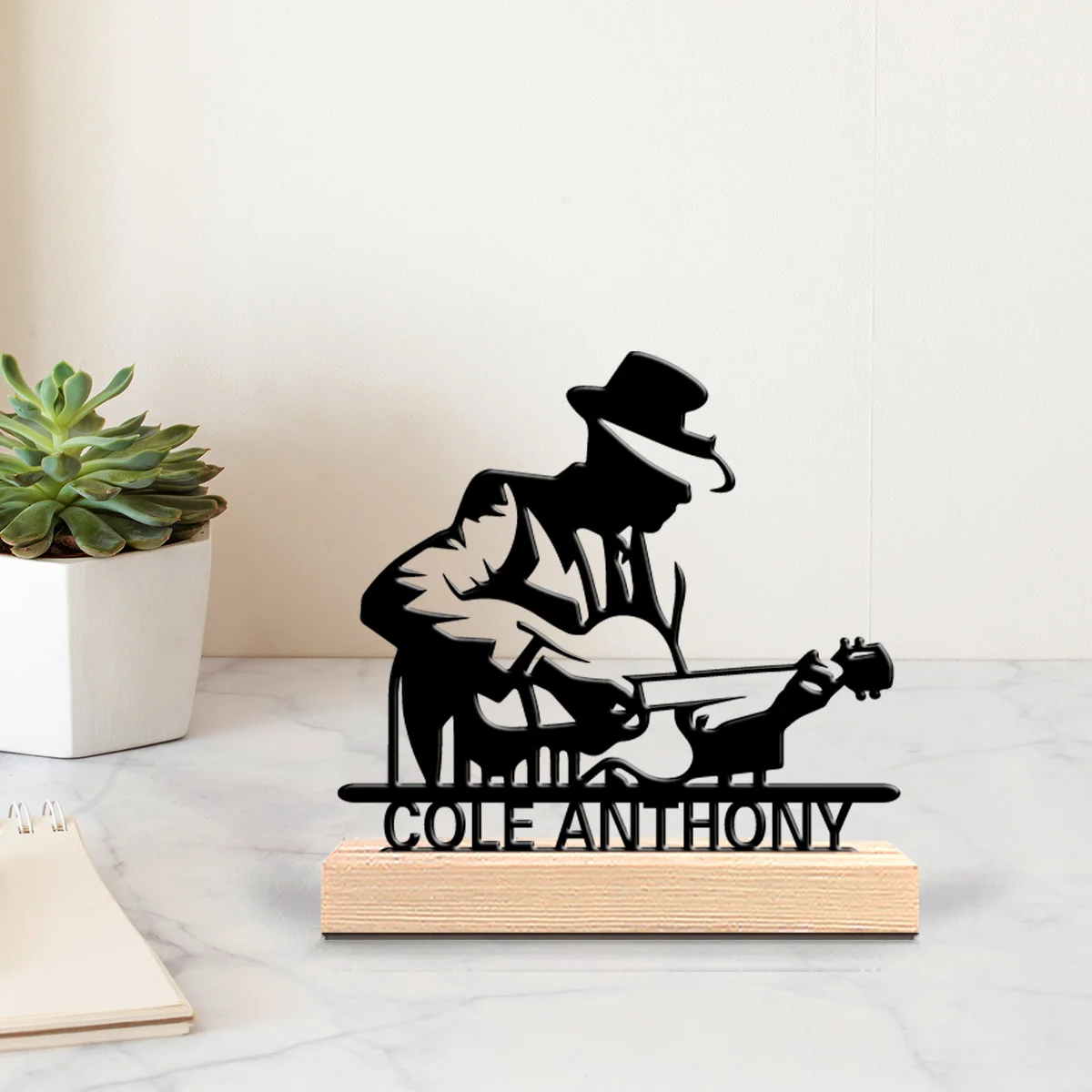 1pc Creative Guitar master Customized Letter Metal Statue Art Crafts With Wood Base Metal Sculpture With Wood Base Bedroom Table