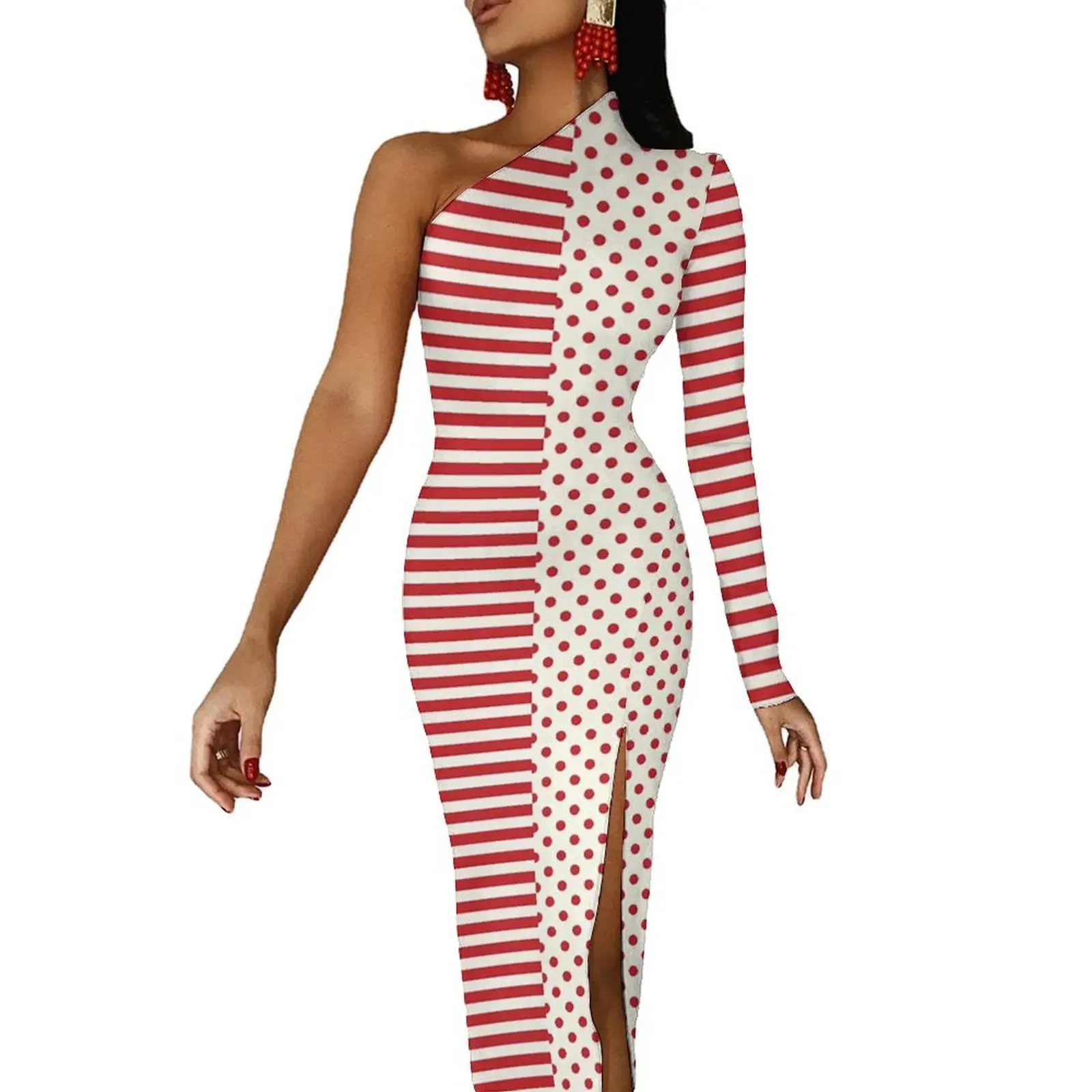 

Striped Polka Dot Maxi Dress One Shoulder Two Tone Street Wear Bodycon Dresses Spring Cute Dress Womens Pattern Clothes