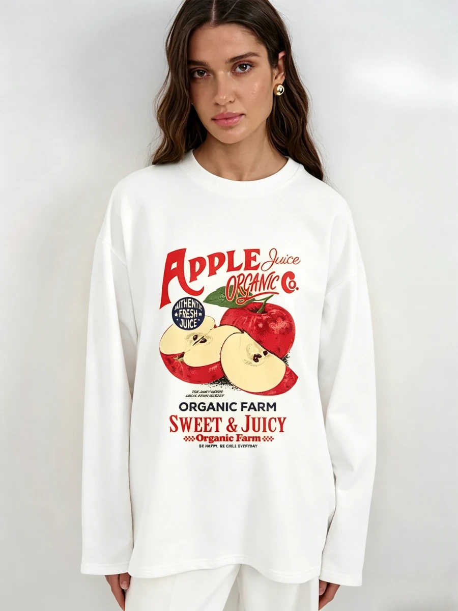 100% Cotton Women T‑Shirt Apple Juice Organic Farm Fruit Graphic Print Long Sleeve Loose Fashion Basic Base Top Spring Autumn view 4