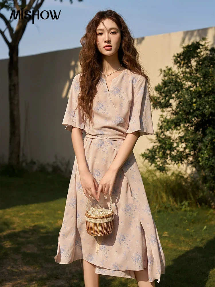 MISHOW Floral Puff Sleeve Dress for Women Summer French A-line V-Neck Lace-up Side Slit Temperament Tea Break Dresses MXC38L1413