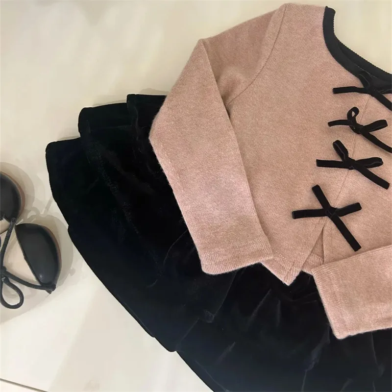 Girl T-shirt Autumn New 2024 Pink Bow Tops Velvet Solid Skirt Casual Simple Fashion Sweet Korean Active Vintage Princess Cute image 5