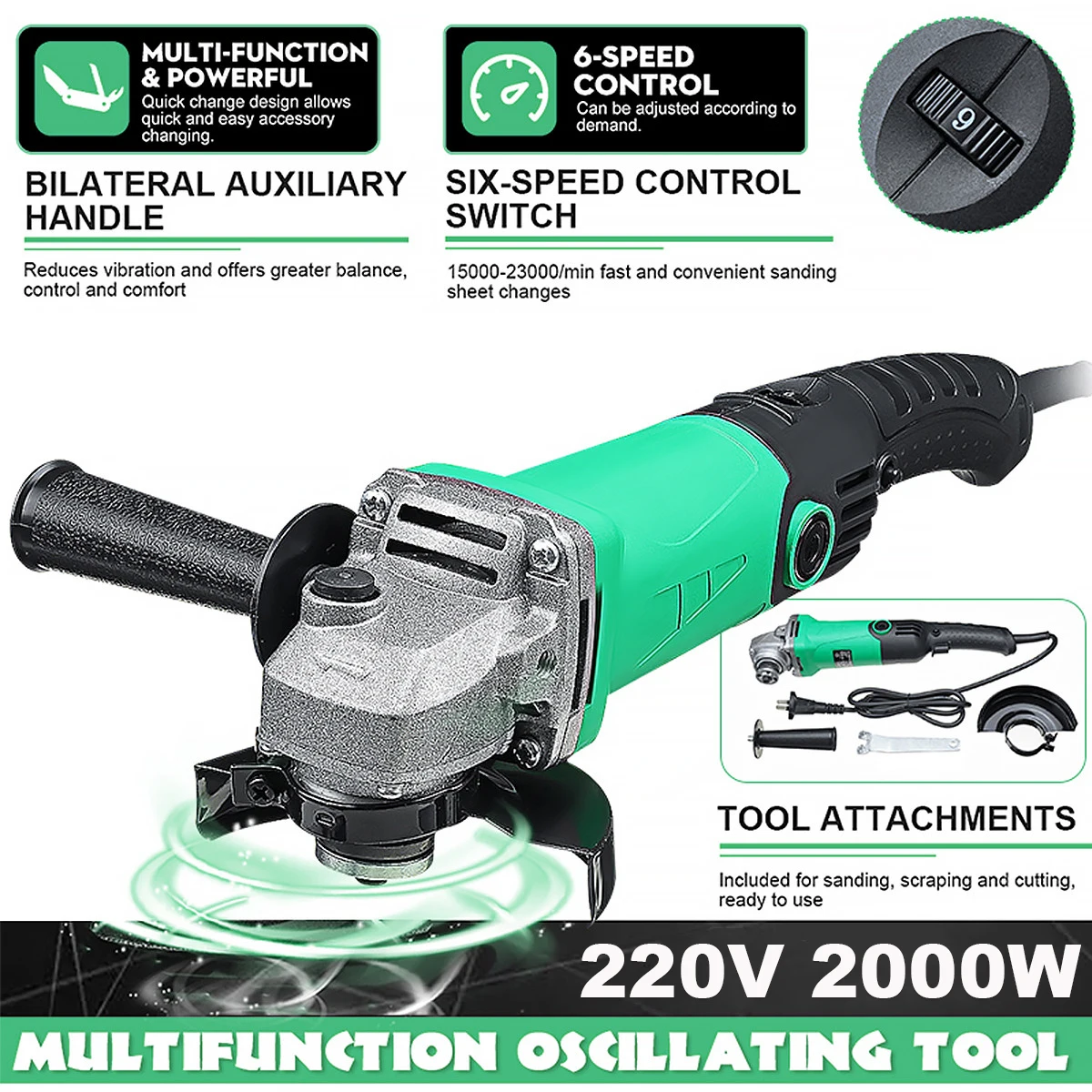 

2000W 11000RPM Electric Angle Grinder 6 Speed Machine Cutting Grinding Metal Stone Power Tool Woodworking Carpentry