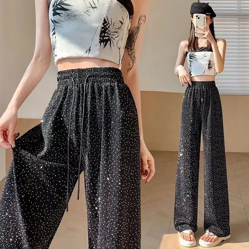 

Women Pleated Wide Leg Pants High Waist Bling Diamonds Korean Fashion Black Elastic Straight Pants Office Ladies Long Trousers
