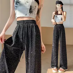 Women Pleated Wide Leg Pants High Waist Bling Diamonds Korean Fashion Black Elastic Straight Pants Office Ladies Long Trousers