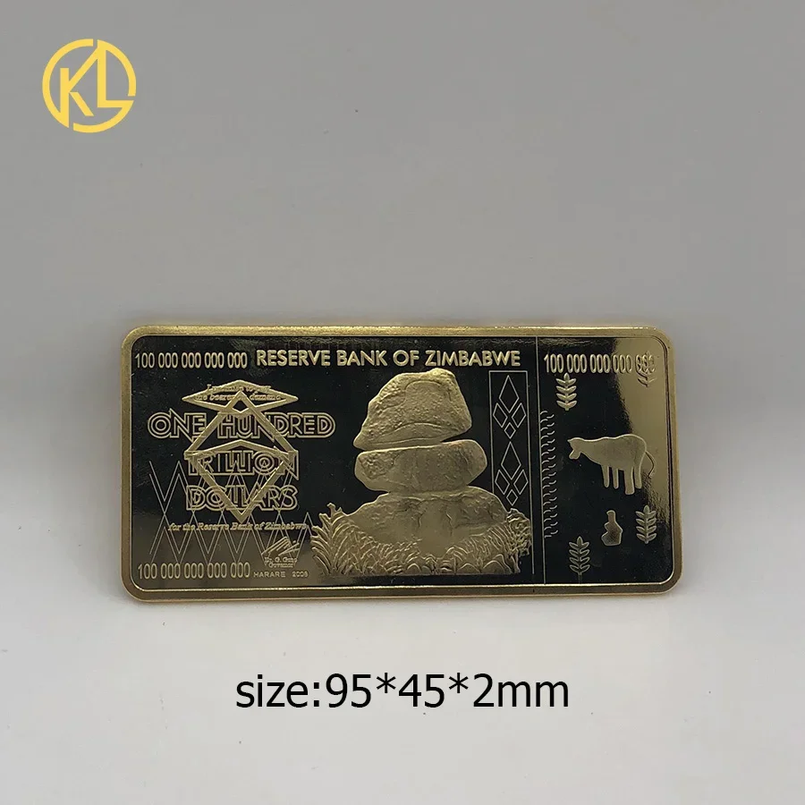 Hot sale 95x45mm Slim Long Square 100 Trillion Dollars Zimbabwe Gold Bar Bullion for Home Decoration Accessories Coins