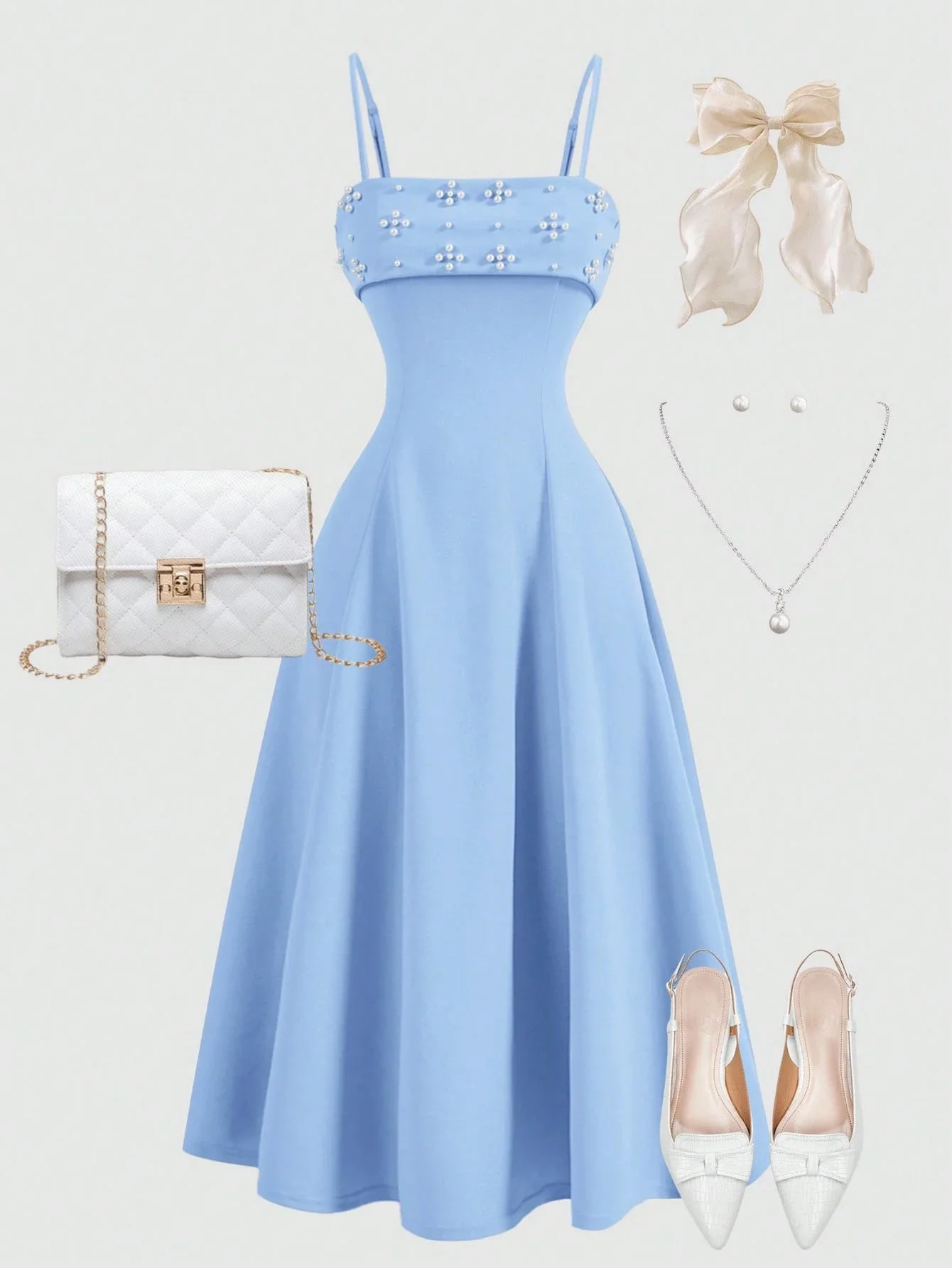

Light Blue Faux Pearl Beaded Camisole Midi Dress For Women