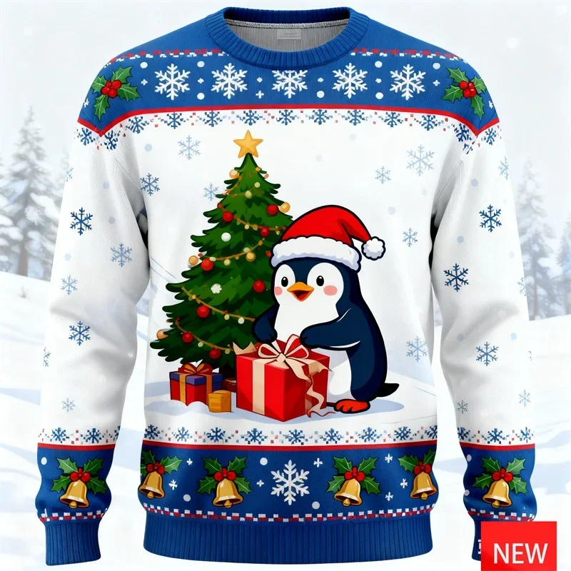 เสื้อสเวตเตอร์คริสต์มาสลายเพนกวินพิมพ์ 3 มิติ สำหรับผู้ชาย เสื้อสวมหัวสำหรับวันหยุดคริสต์มาส เสื้อคอกลมผู้ชาย
