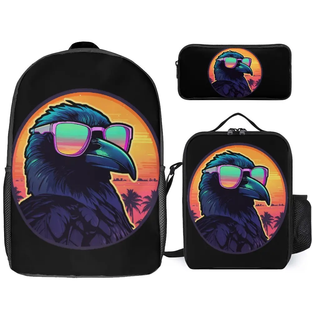 

Synthwave Raven Skull Demon Slayer 13 3 in 1 Set 17 Inch Backpack Lunch Bag Pen Bag Summer Camps Novelty Durable Field Pack Comf