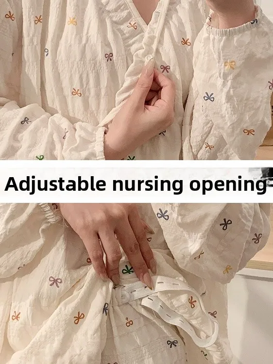 Maternity Sleepwear Women's Spring Summer Thin Breathable Sweat Absorbent Postpartum Moon Clothes Nursing Home Set V-neck Lon...