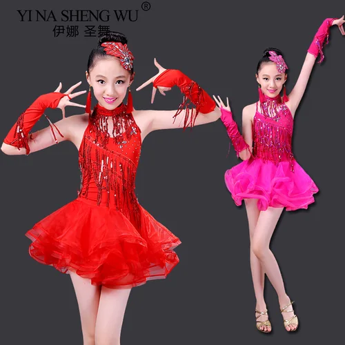 Imagen 2 del producto Falda de baile latino con borlas para niños, disfraz de escenario actuación, ropa de práctica de baile con borlas de lentejuelas para competición latina