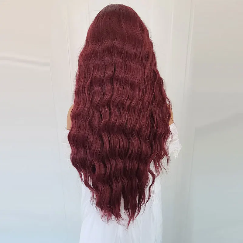 Pelucas delanteras de encaje sintético 13x4 con ondas de agua de color rojo vino, pelo de fibra resistente al calor de alta calidad, separación libre para pelucas de mujeres negras