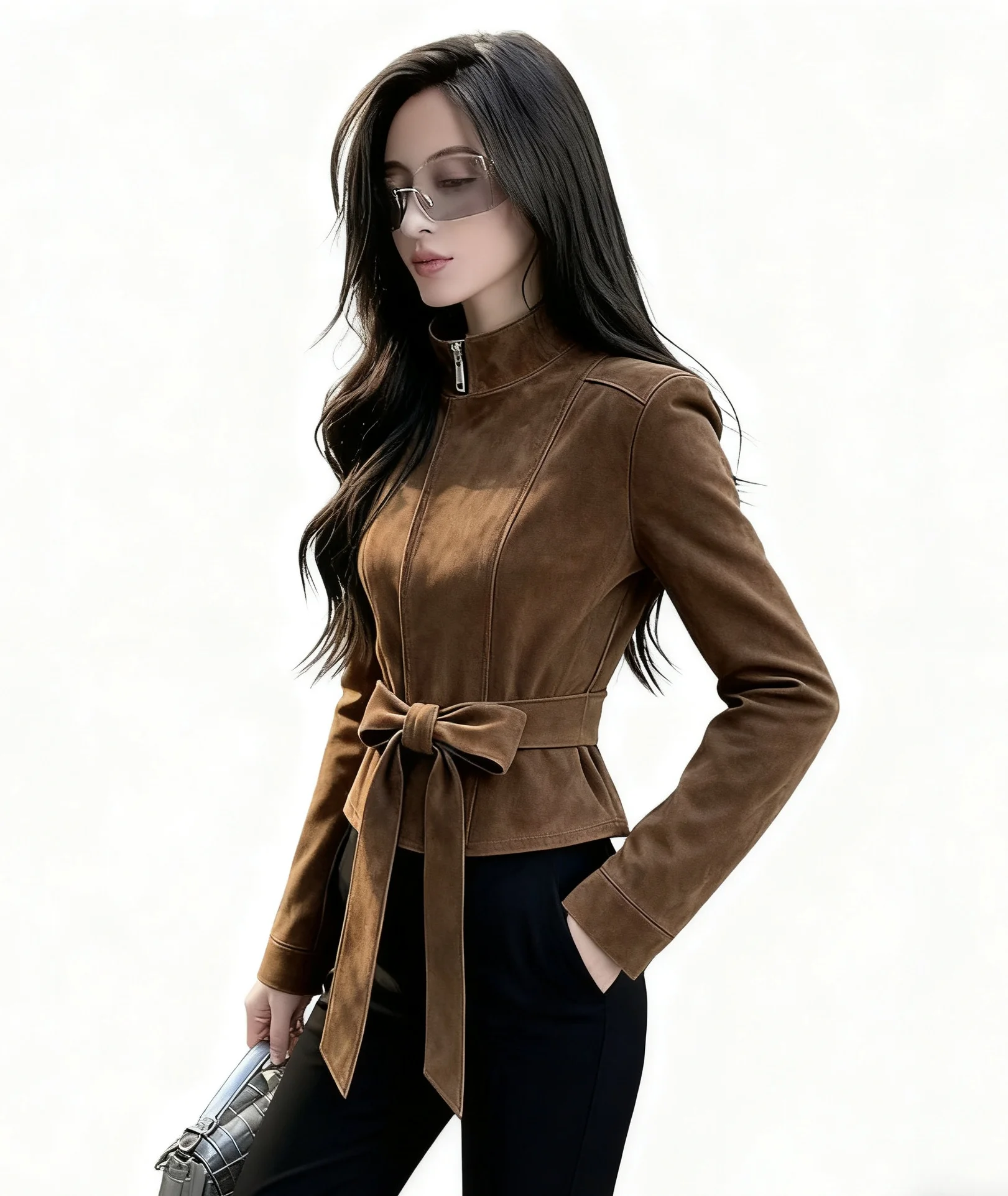 

Байкерские куртки Женская куртка Зеленая осенняя кожаная куртка цвета хаки с ребристыми манжетами с заниженными плечами для отдыха Cleanfit Preppy College Campus Velvet