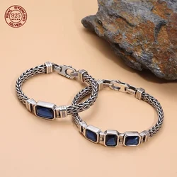 S925 Sterling Silver Vintage Bracelet Jewelry 18/20/22cm Woven Chain Blue Crystal Gem Men Women Couple Party Fashion Gift