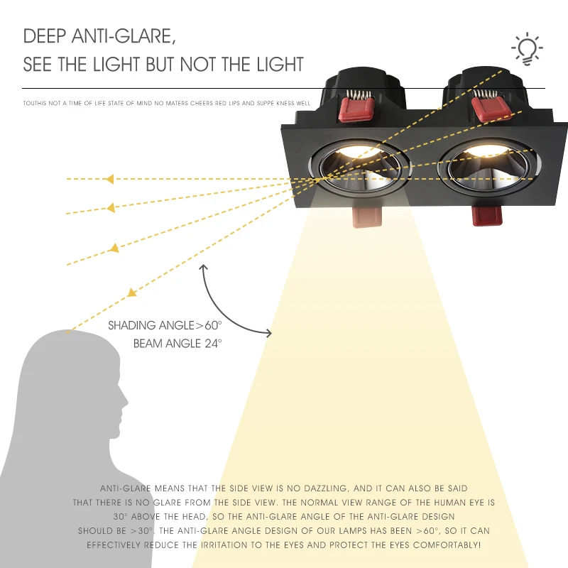 Double Head Square LED Downlight, luz redonda de teto, holofotes embutidos para sala de estar e quarto, luminária, 85-265V