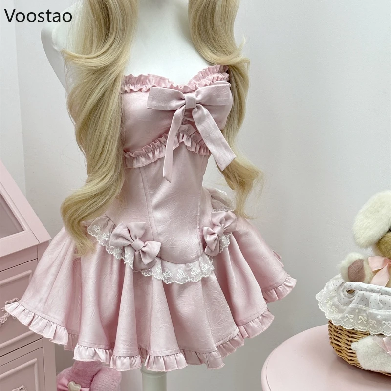 Robe de Style Lolita japonaise pour femmes, Kawaii Y2k, nœud en dentelle, à volants, sans bretelles, rose, Mini robe de soirée coréenne