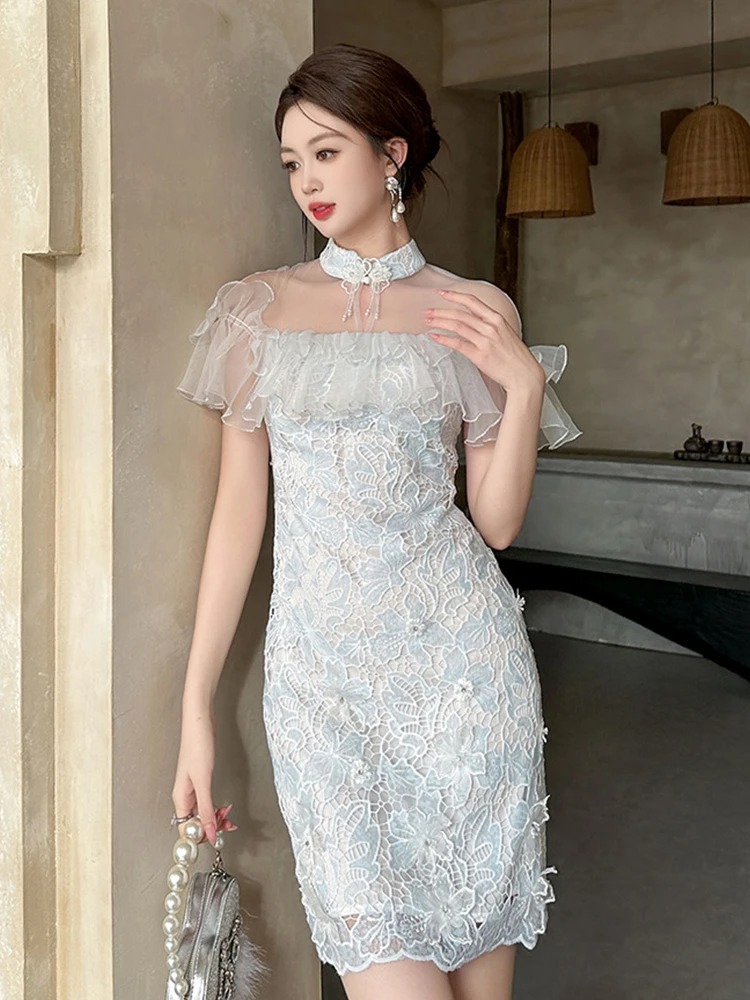 Summer Fashion Lace Floral Vacation Evening Dress Women Clothing Sweet Elegant Sheer Sexy Short Sleeve Slim Party Prom Vestidos