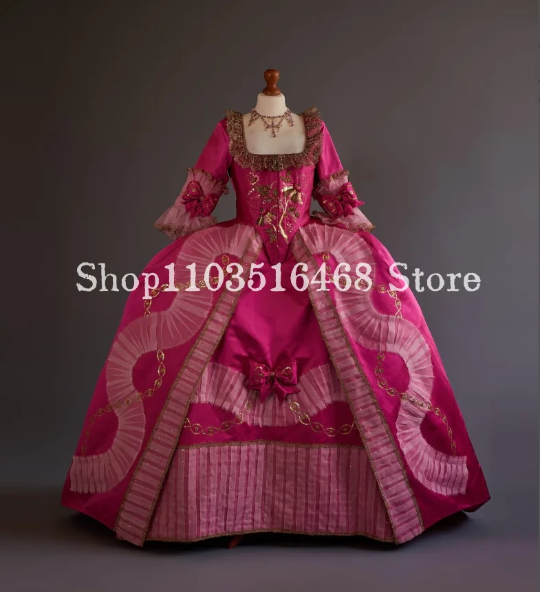 

18th Century Rococo Prom Dress Rose Pink Edwardian Square Neck Half Sleeve Fantasy Bow Applique Masquerade Custom فساتين سهره
