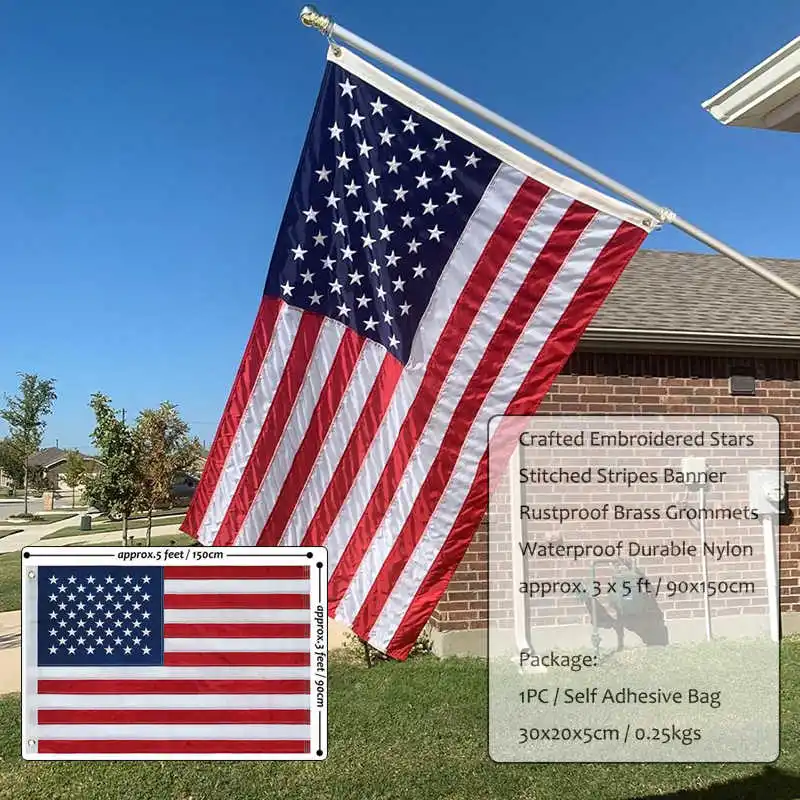 Outdoor USA Flag US 3x5 Feet Waterproof Nylon Embroidered Stars Sewn Stripes Brass Grommets American Flags and Banners