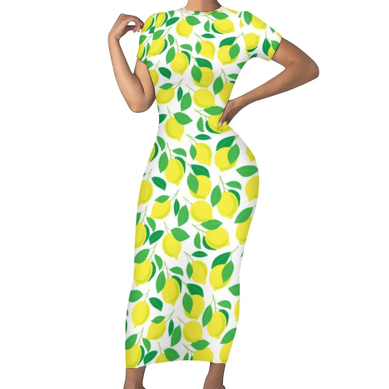 Fruit Design Bodycon Dress Lady Lemons And Leaves Pattern Stylish Maxi Dresses Holiday Short Sleeve Street Fashion Graphic Dress