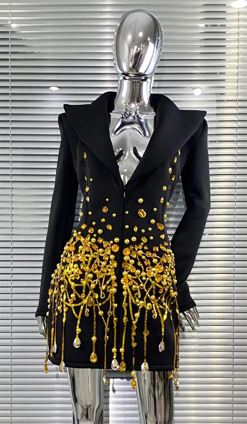 

Black Women Suit 1 Piece Blazer Golden Crystals Stone Full Sleeves Formal Office Lady Party Prom Wedding Tuxedos Jacket Coat
