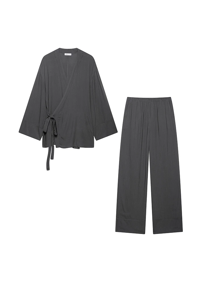 

KUCLUT Women Fashion 2 Piece Set Grey Bow Lace Up Blouse Shirts & Vintage Elastic Waist Trousers Feamle Chic Lady Pants Sets