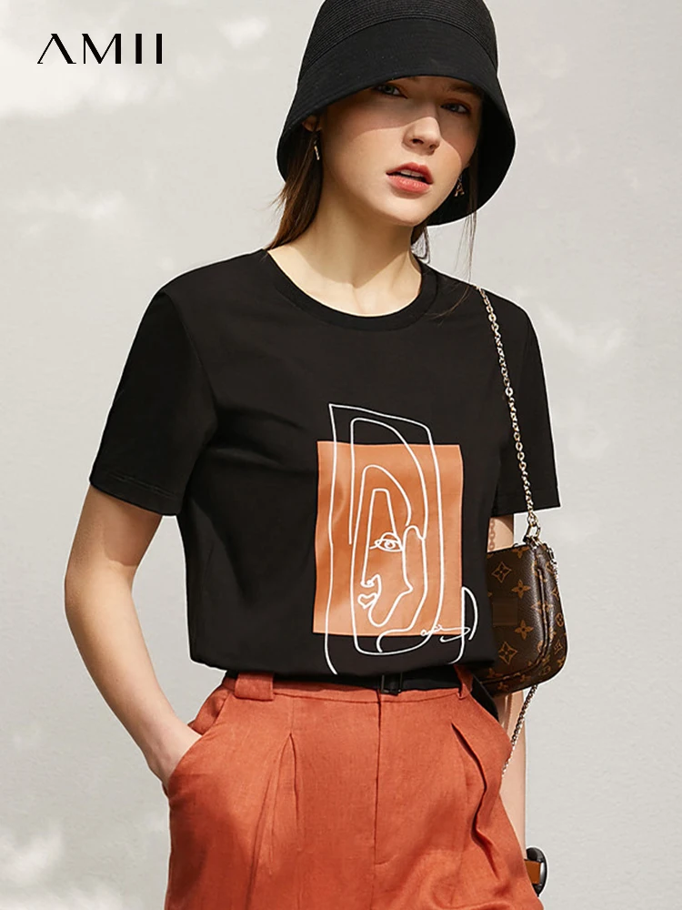 AMII Minimalism 2026 Summer New Top Women Short Sleeves Geometric Print T-shirt Cotton O Neck Black Casual Tees Female 12342527