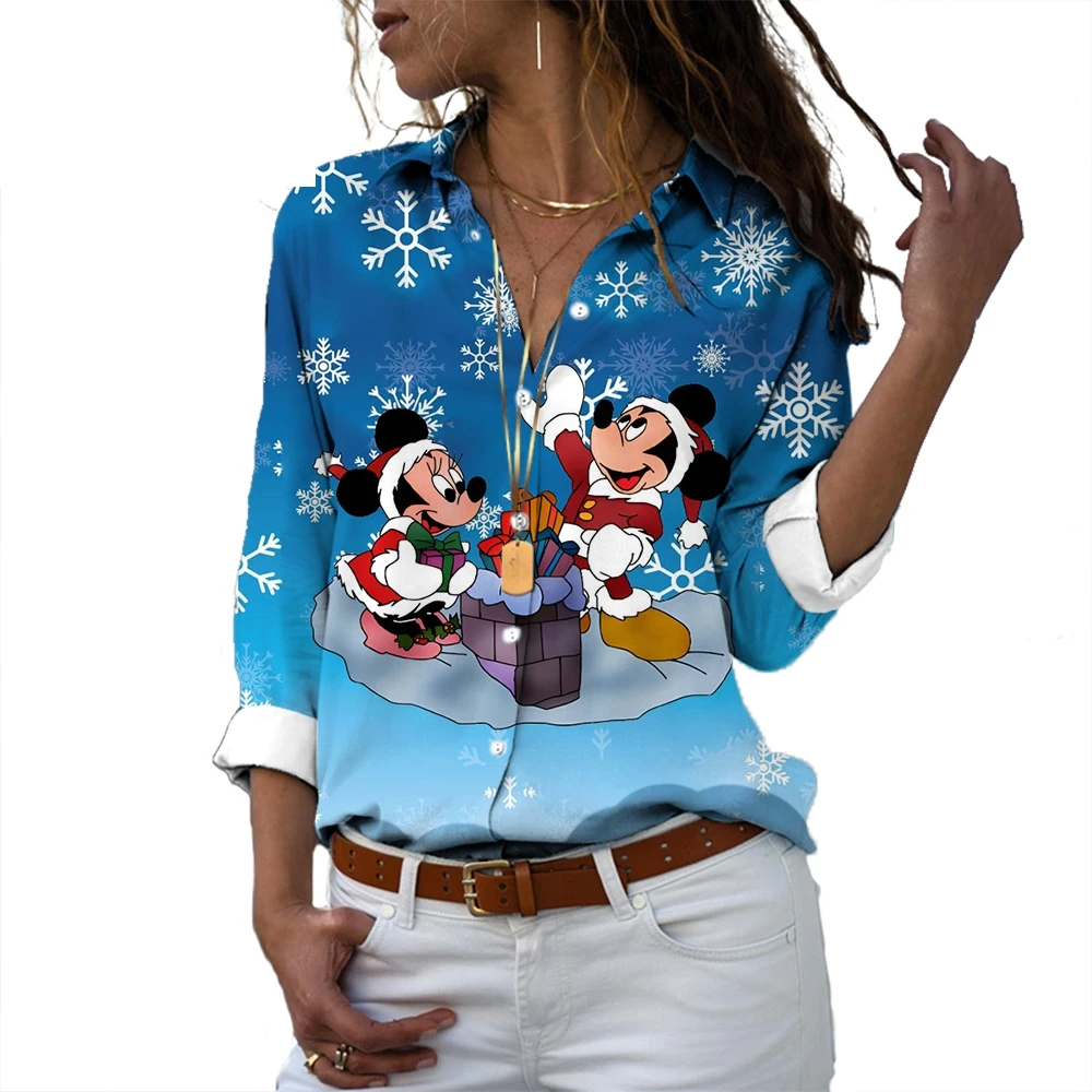 Disney 2024 New Fashion Street Christmas Mickey Minnie Cartoon Pattern Print Women's Long Sleeve Lapel Personality Casual Shirt