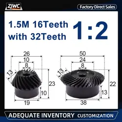 1 set 45# Steel 1.5M 16T To 32T Spiral Bevel Gear M1.5 Modulus 1:2 90 Degrees Differential Gear Same Ratio Diameter 6mm 8mm Hole