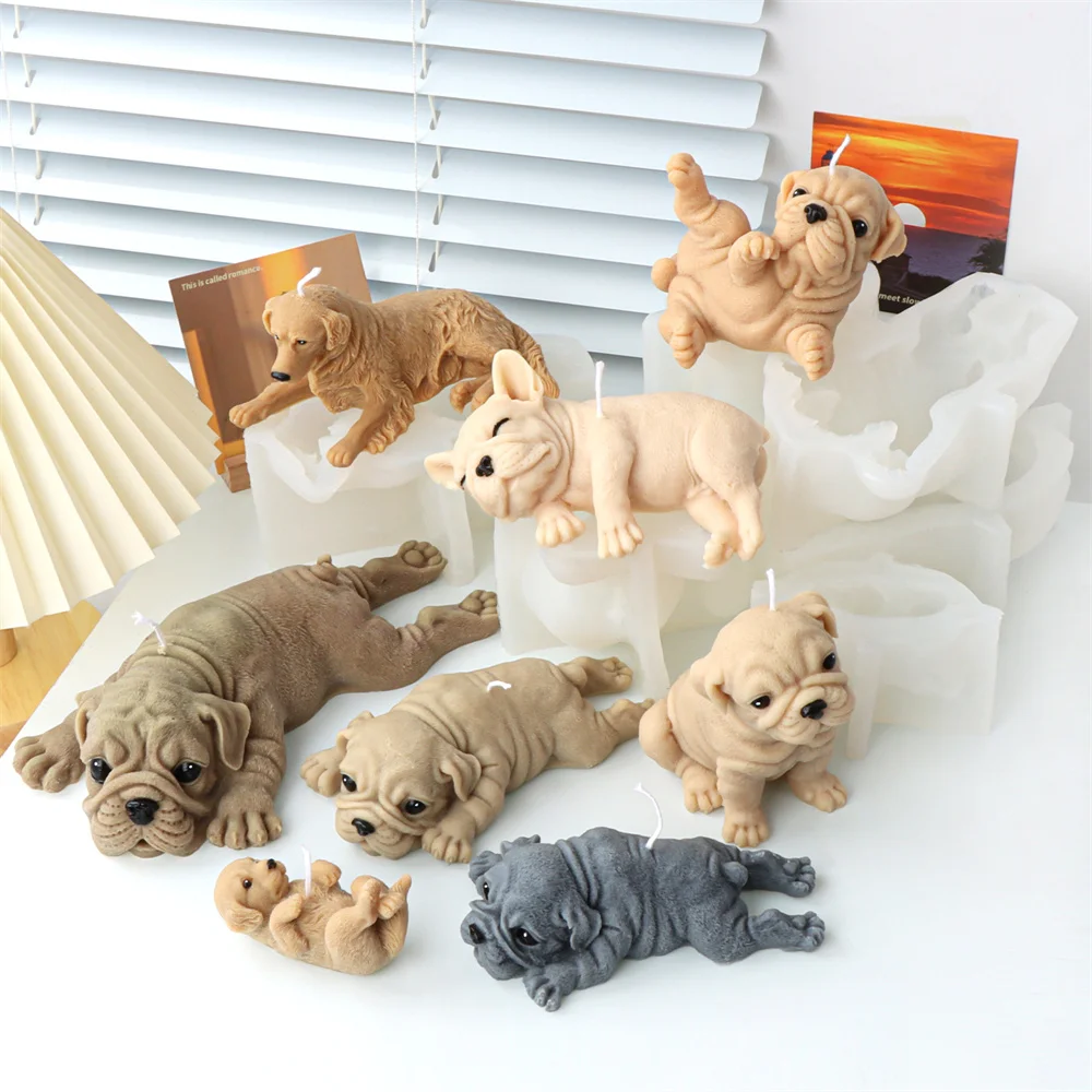 3D Dog Silicone Candle Molds Shar Pei Puppy Soap Chocolate Cake Baking Fondant Moulds Lying Golden Retriever Dog for Gift