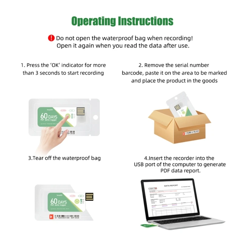 مسجل درجات حرارة USB يمكن التخلص منه سهل الاستخدام، تسجيل لمدة 60 يومًا لنقل السلسلة الباردة وتخزين الفريزر