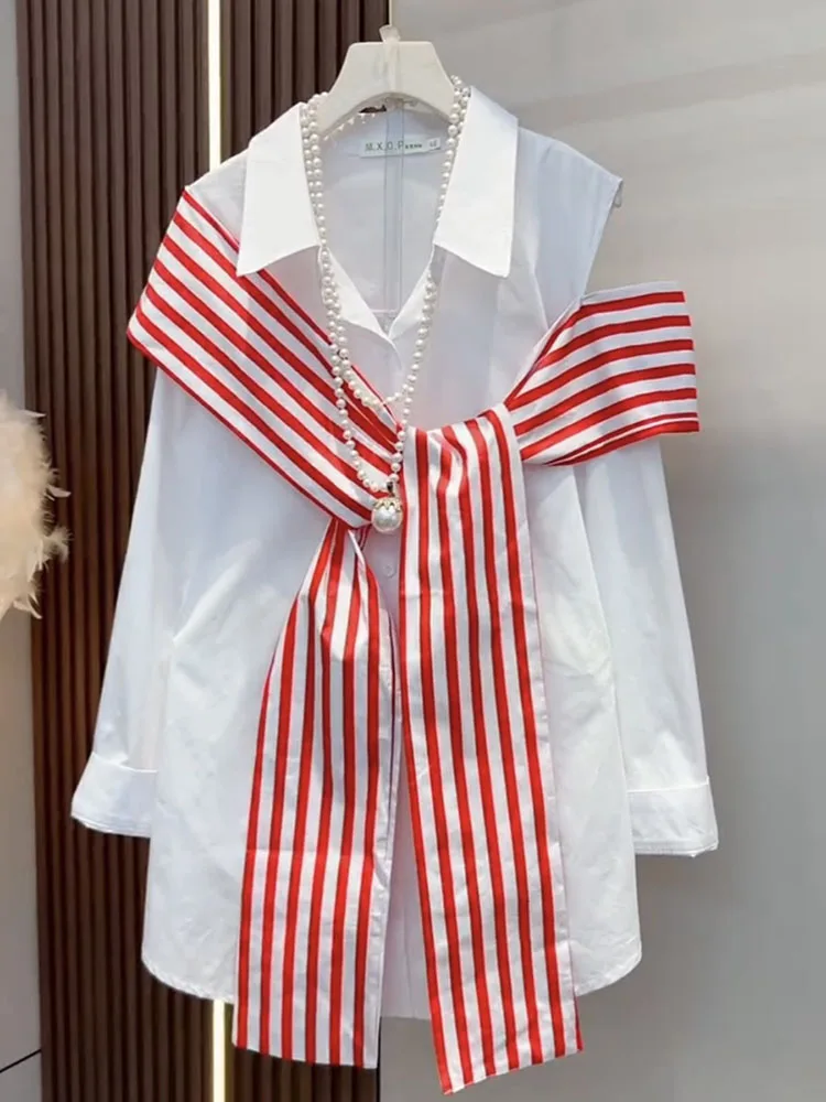 

2025 spring new women's clothing design sense niche fake two-piece striped off shoulder shirt mid length trend top