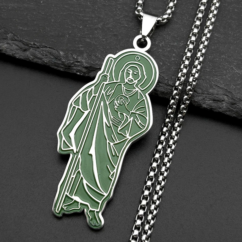 Green Enamel San Judas Tadeo Pendant Necklace for Men Women Stainless Steel Gold Color Saints Apostle of Jesus Chain Jewelry