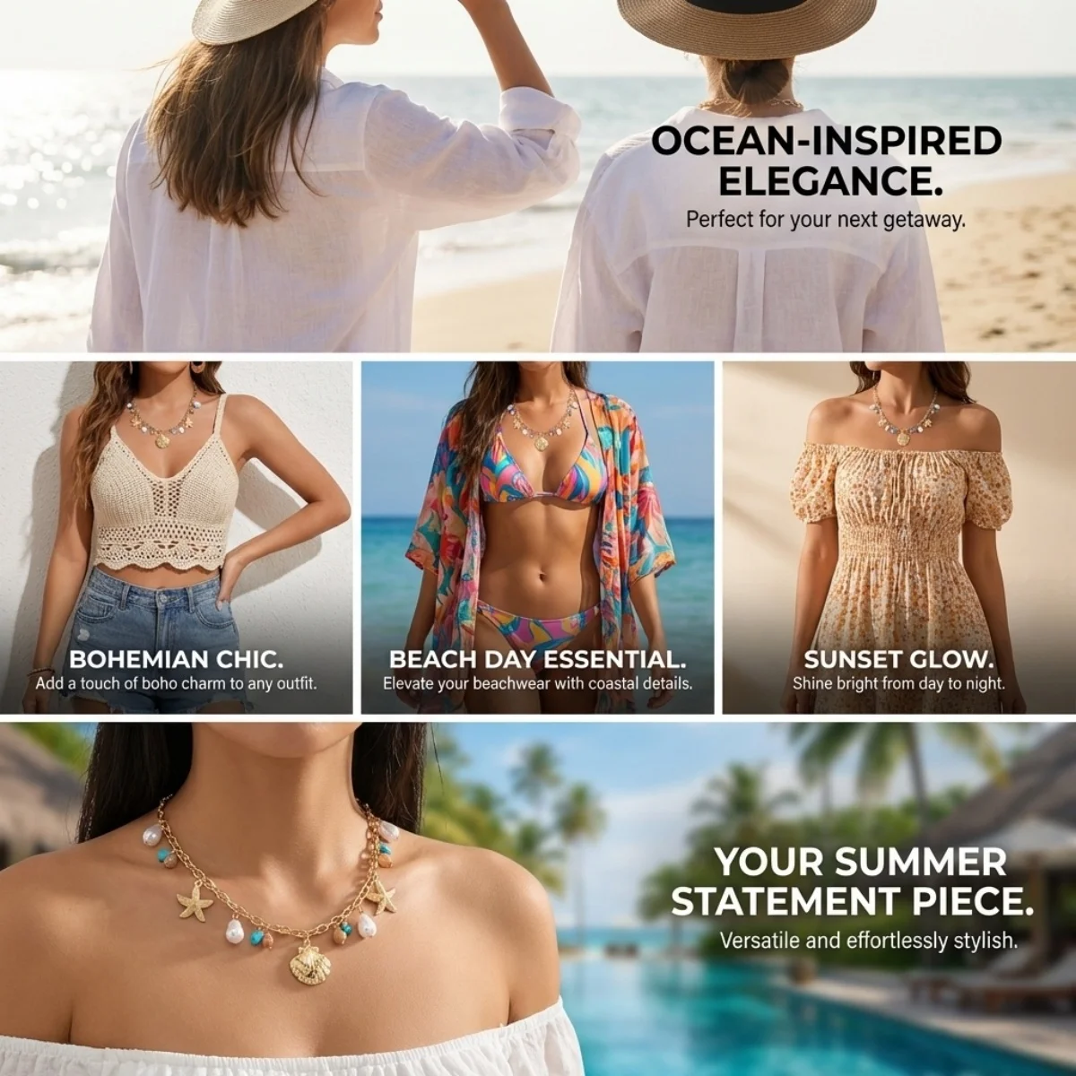 Sommerliche Muschel-Seestern-Imitationsperlen-Quasten-Anhänger-Halskette für Damen und Herren – Seepferdchen, Fisch, Muschel, Schildkröte, Delfin Choker-Schmuck – Detail 3