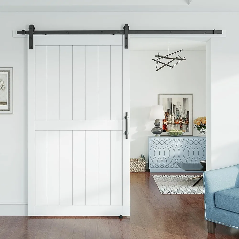 White Slidng Barn Door with Black Sliding Door Hardware Kit & Handle, Pre-Drilled Ready to Assemble, Waterproof Coating