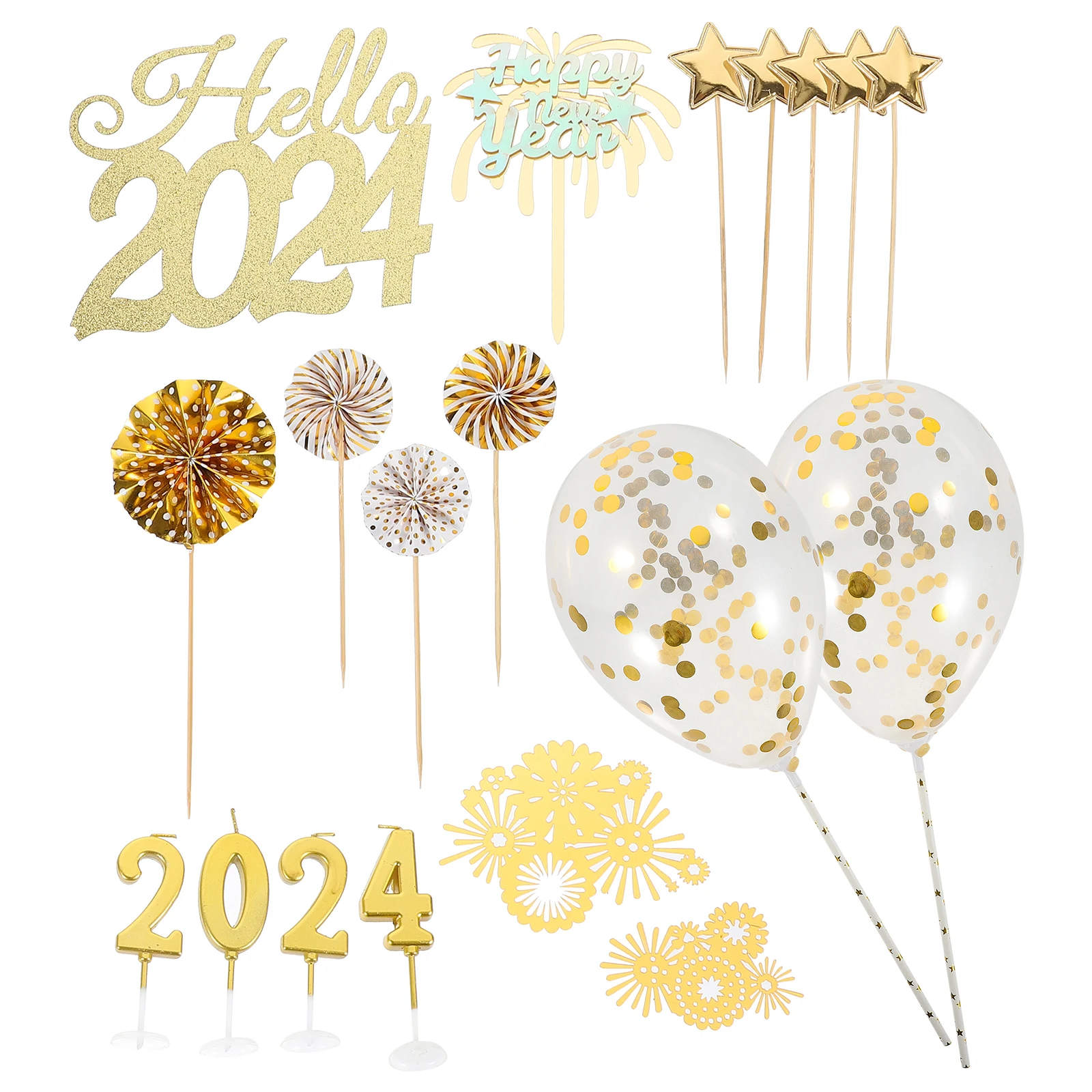 

New Year Decorations Golden Stars Paper Fans Balloons Candles Cake Picks Cupcake Toppers Party Supplies Festive Cake Decor