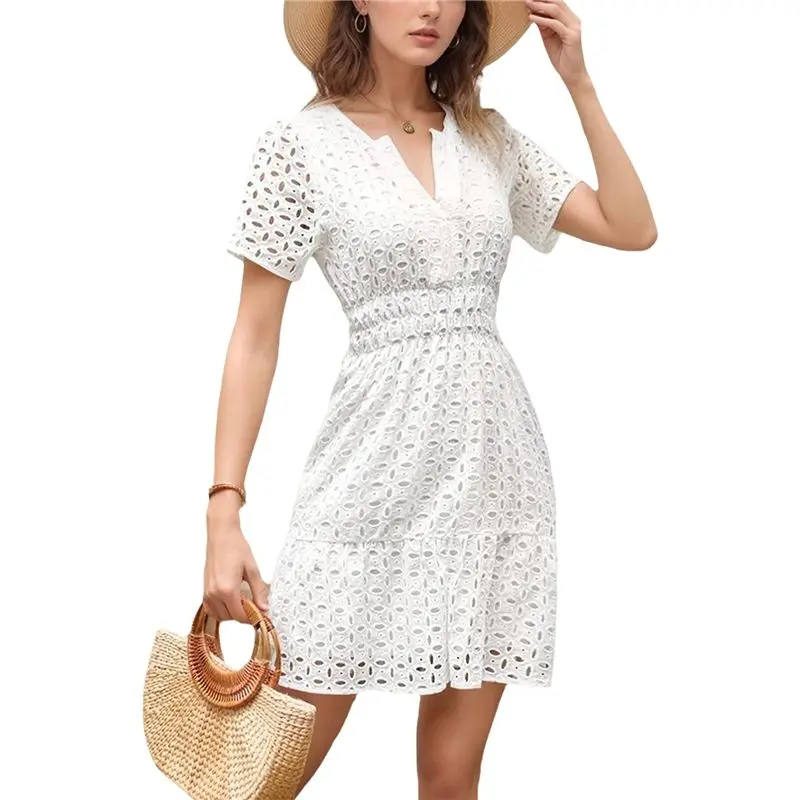 

A09P Women's Summer Short Sleeve Mini Dress V Neck Cutout Eyelet High Waist A-Line Hem Short Party Dress