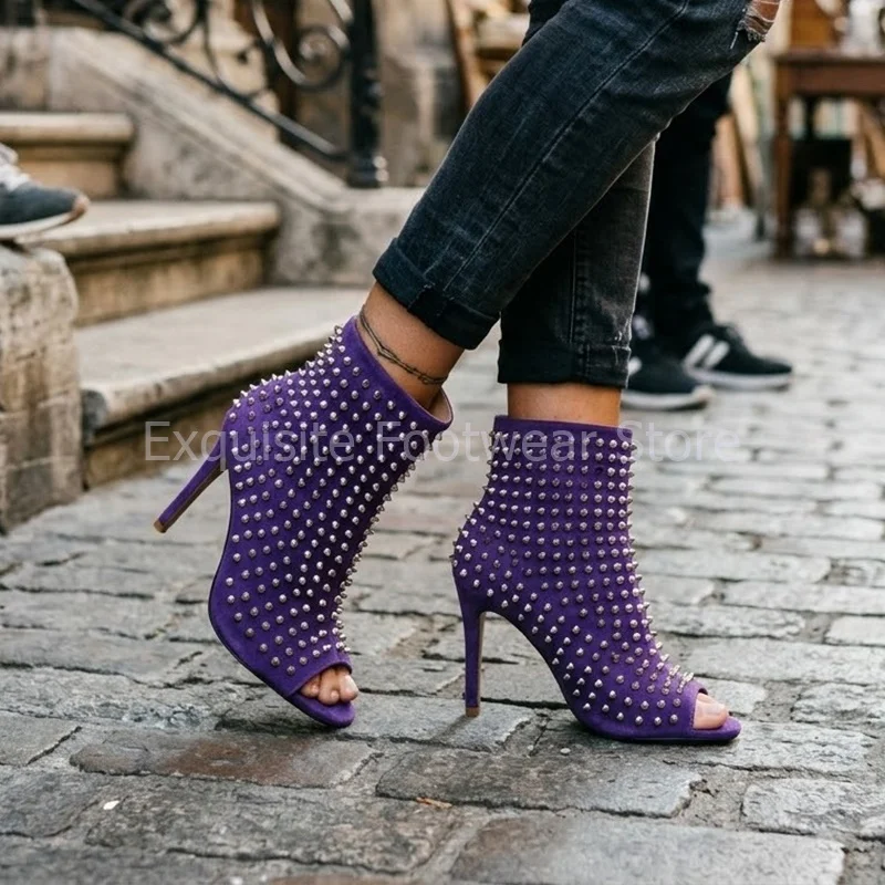 Chic Ladies Studded Open Toe Ankle Boots Full Spikes Rivets Thin High Heels Party Clubwear Runway Velvet Boots Women Shoes